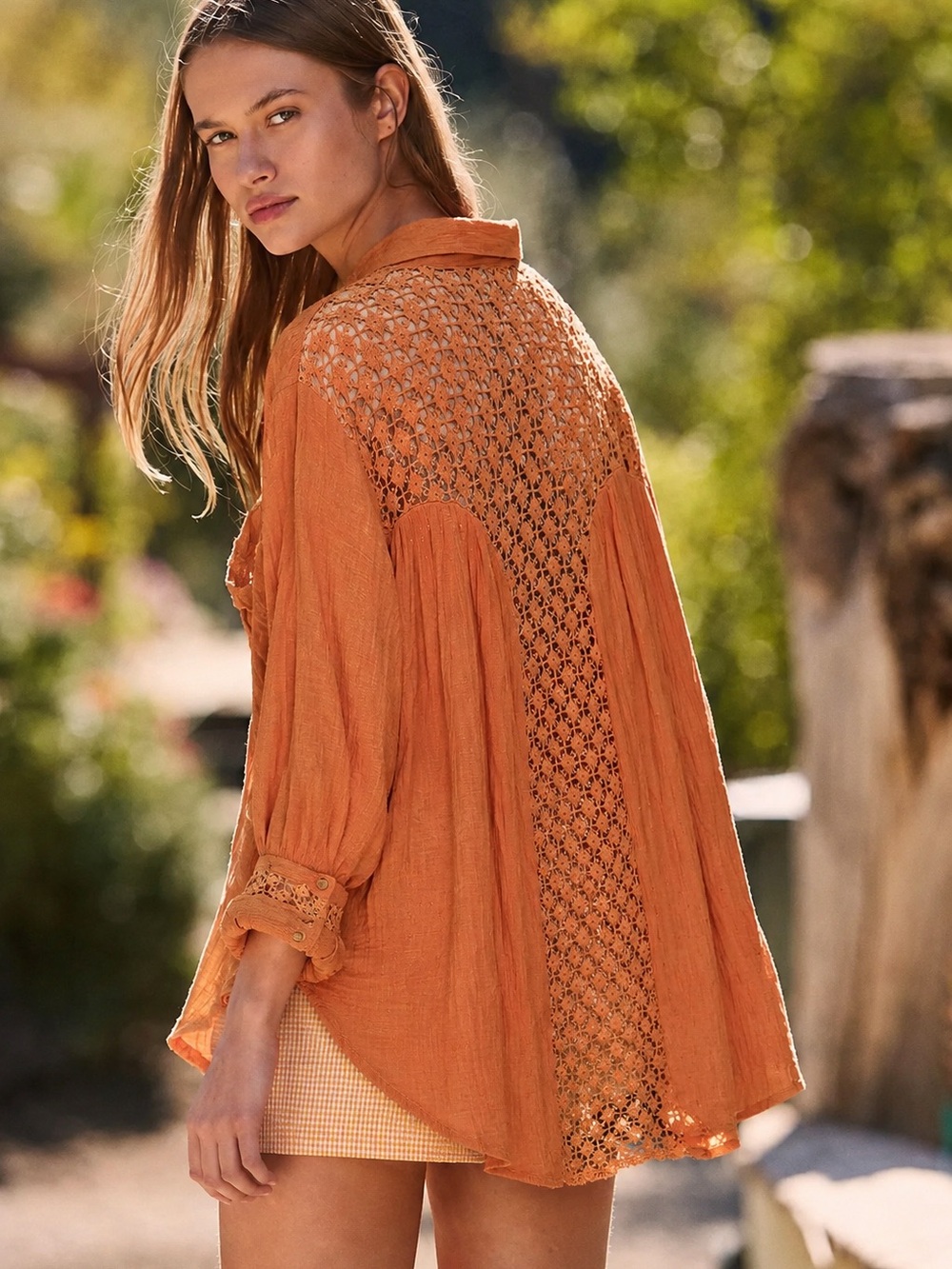 Free People Orange Crochet-Back Button-Down Shirt